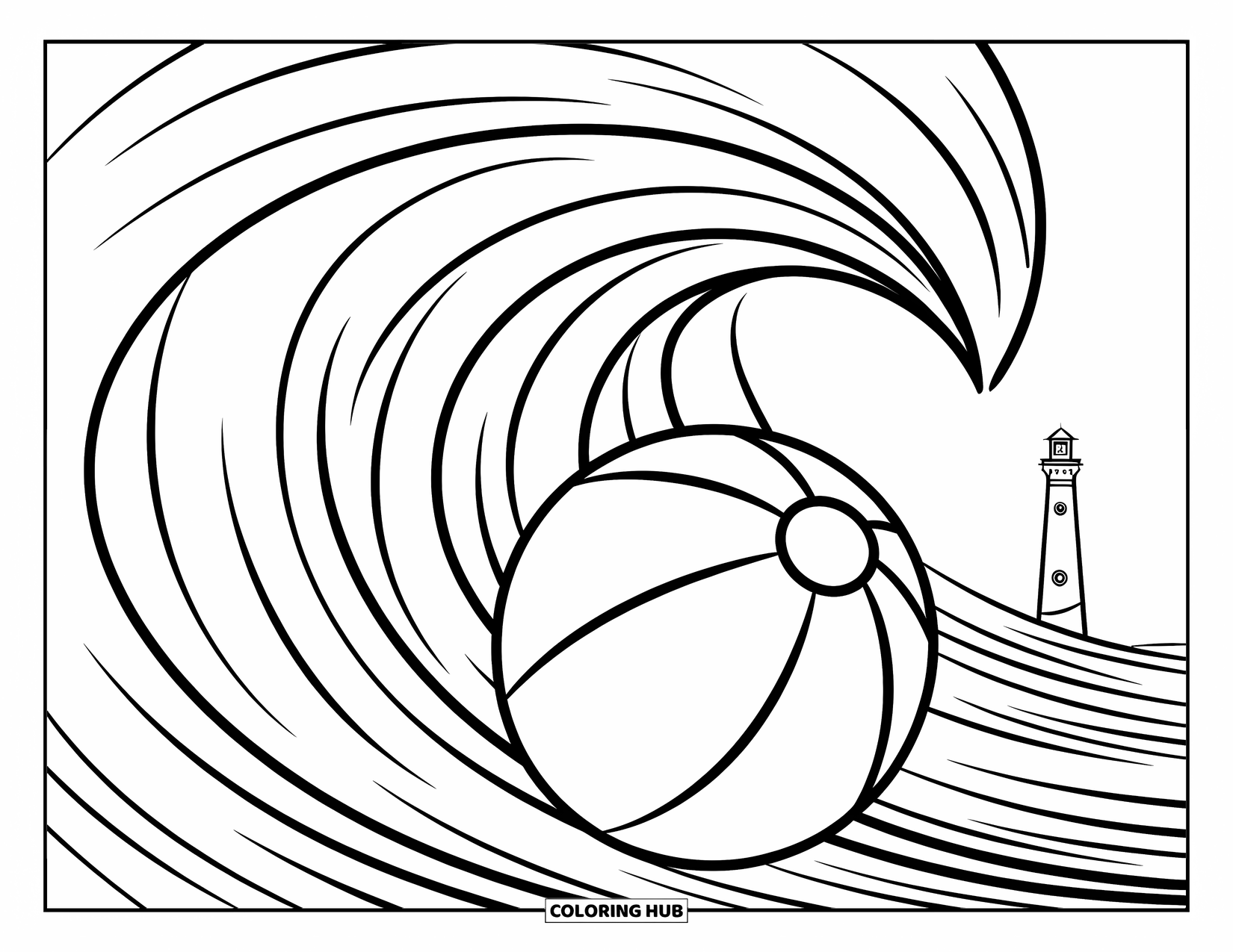 Beach Ball Coloring Page for Kids: A beach ball floating on the water near a lighthouse on a rocky island