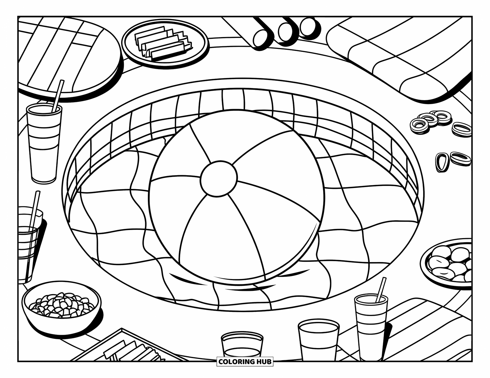 Beach Ball Coloring Page for Kids: A beach ball in an inflatable pool with nearby snacks and floats on a clean background