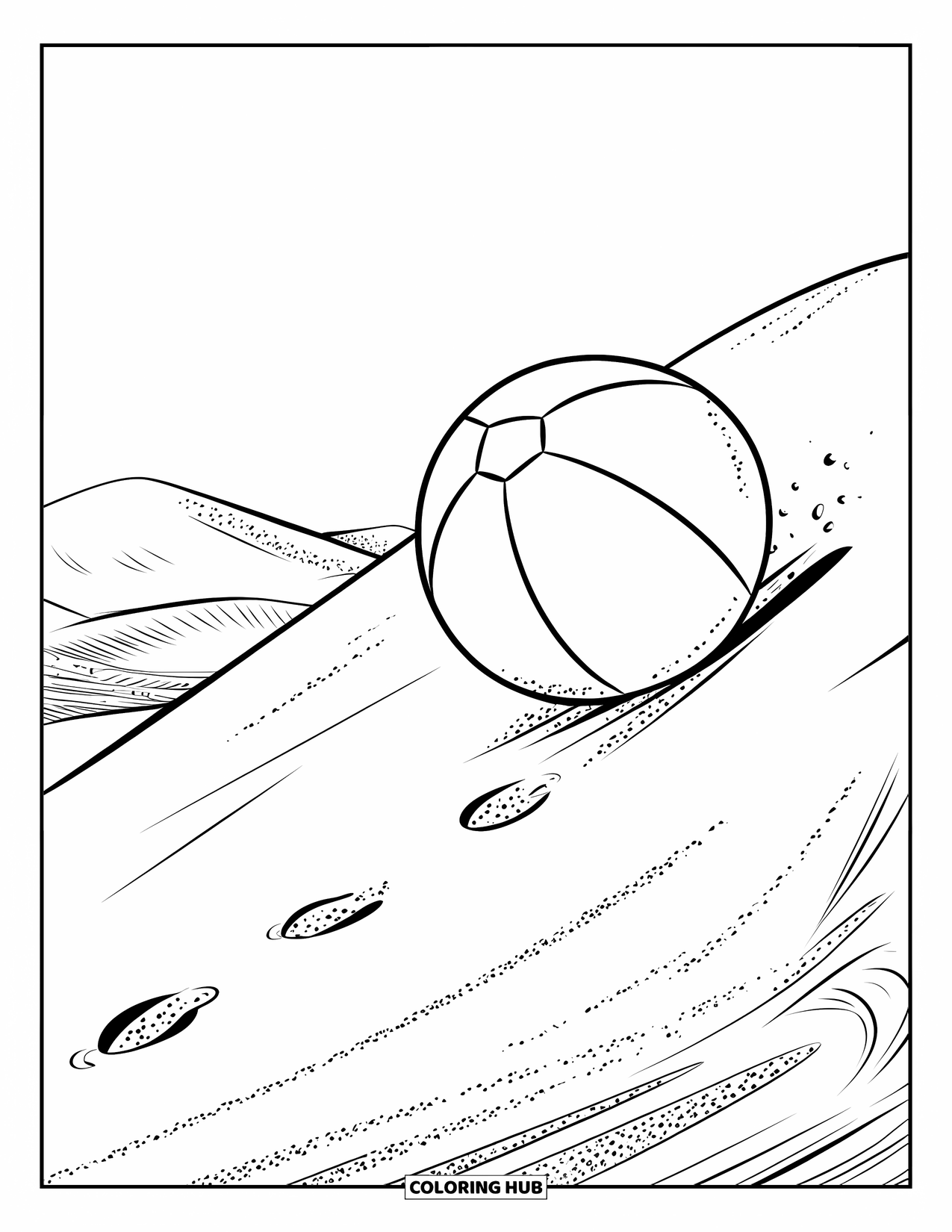 Beach Ball Coloring Page for Kids: A beach ball moving down a dune with footprints trailing behind and sand ripples around it