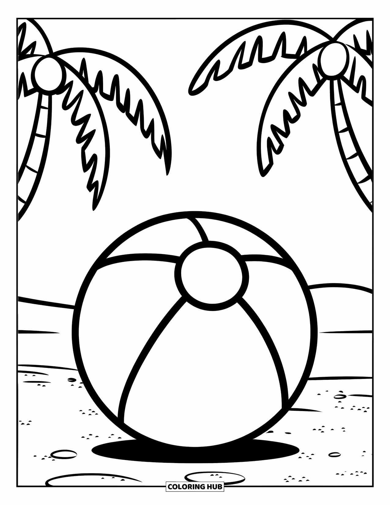 Beach Ball Coloring Page for Kids: A beach ball on a white sandy beach with palm trees in the background