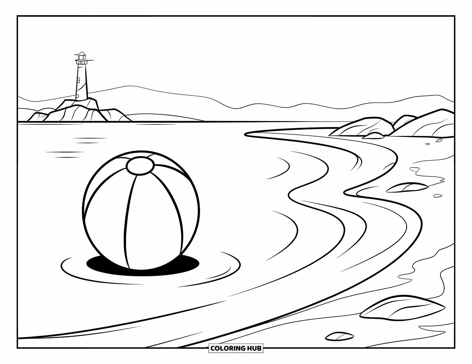 Beach Ball Coloring Page for Kids: A beach ball on the shore with waves rolling in and a lighthouse in the background