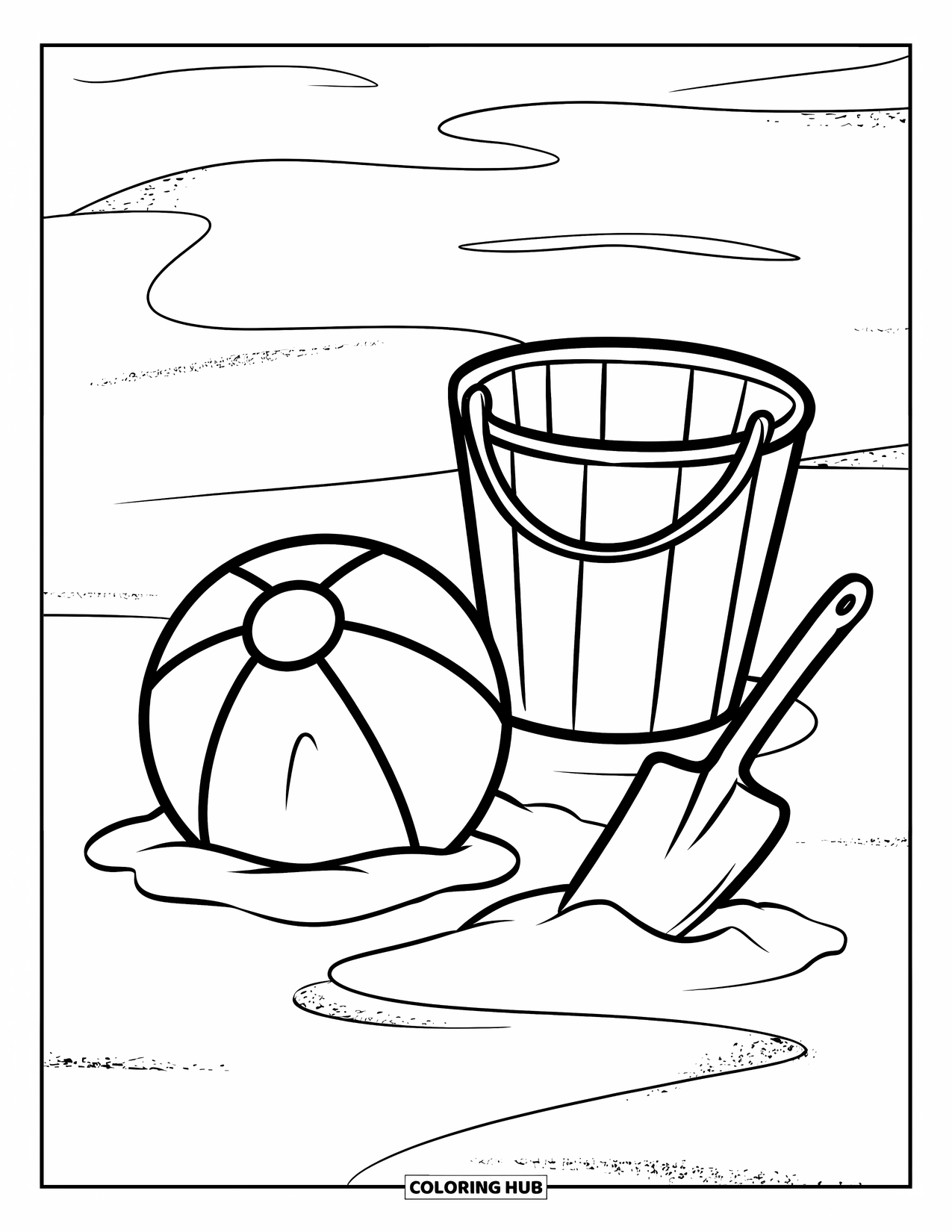 Beach Ball Coloring Page for Kids: A beach ball partially buried in the sand with a bucket and shovel beside it