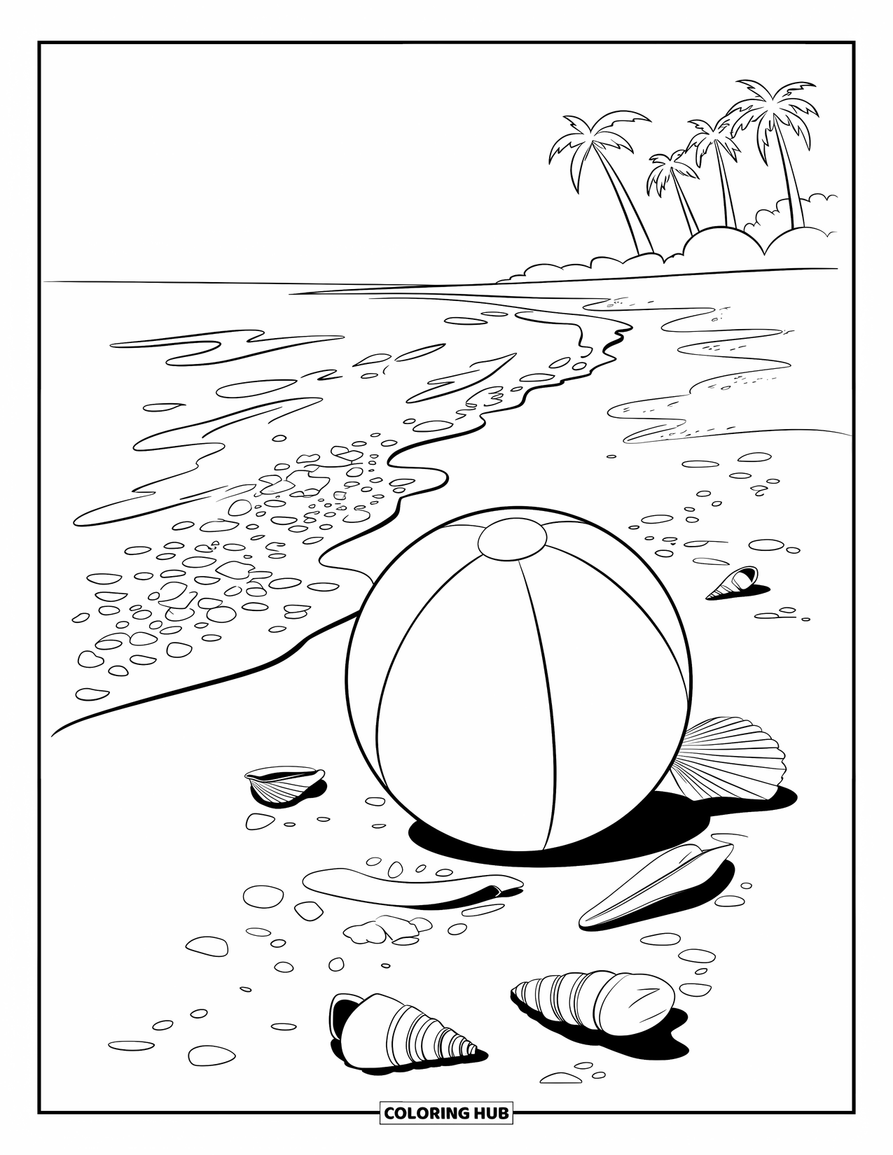 Beach Ball Coloring Page for Kids: A beach ball resting among seashells on the shore with detailed sand and foam