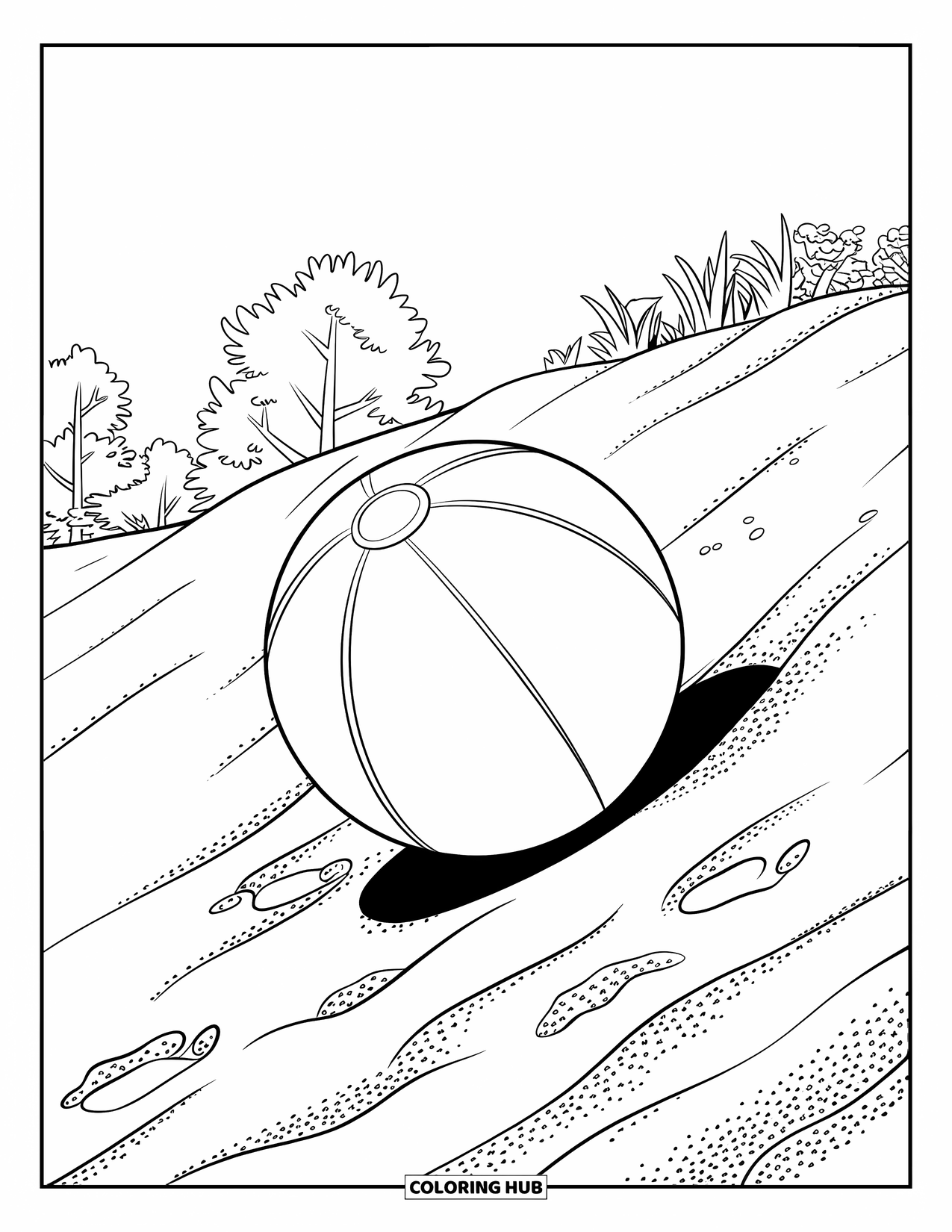 Beach Ball Coloring Page for Kids: A beach ball rolling down a sand dune, leaving footprints in the textured sand