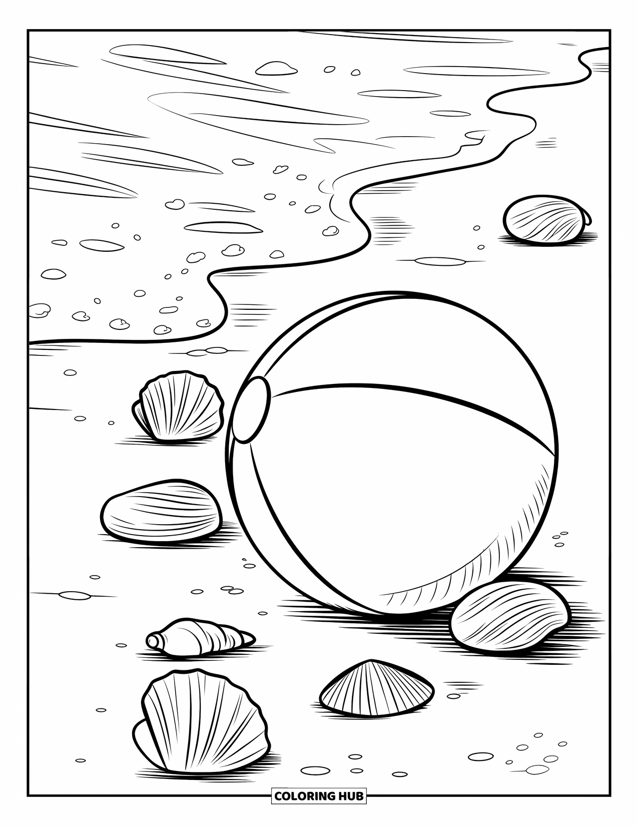Beach Ball Coloring Page for Kids: A beach ball surrounded by seashells near the shoreline with waves gently reaching the sand