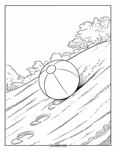 Omalovánka plážového míče pro děti: Plážový míč koulející se dolů po duně se stopami pod čistou oblohou