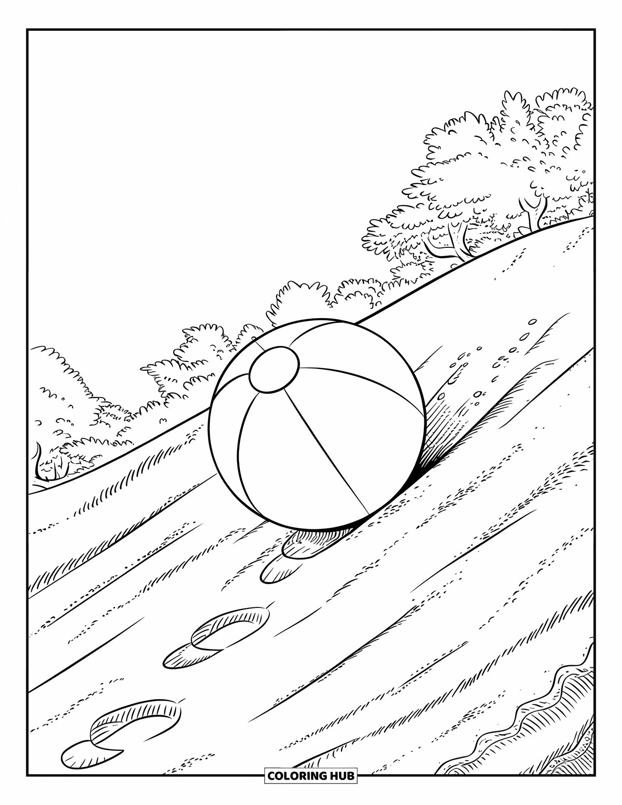 Beach Ball Coloring Page for Kids: A beach ball tumbling down a dune with footprints leading to it under a clear sky