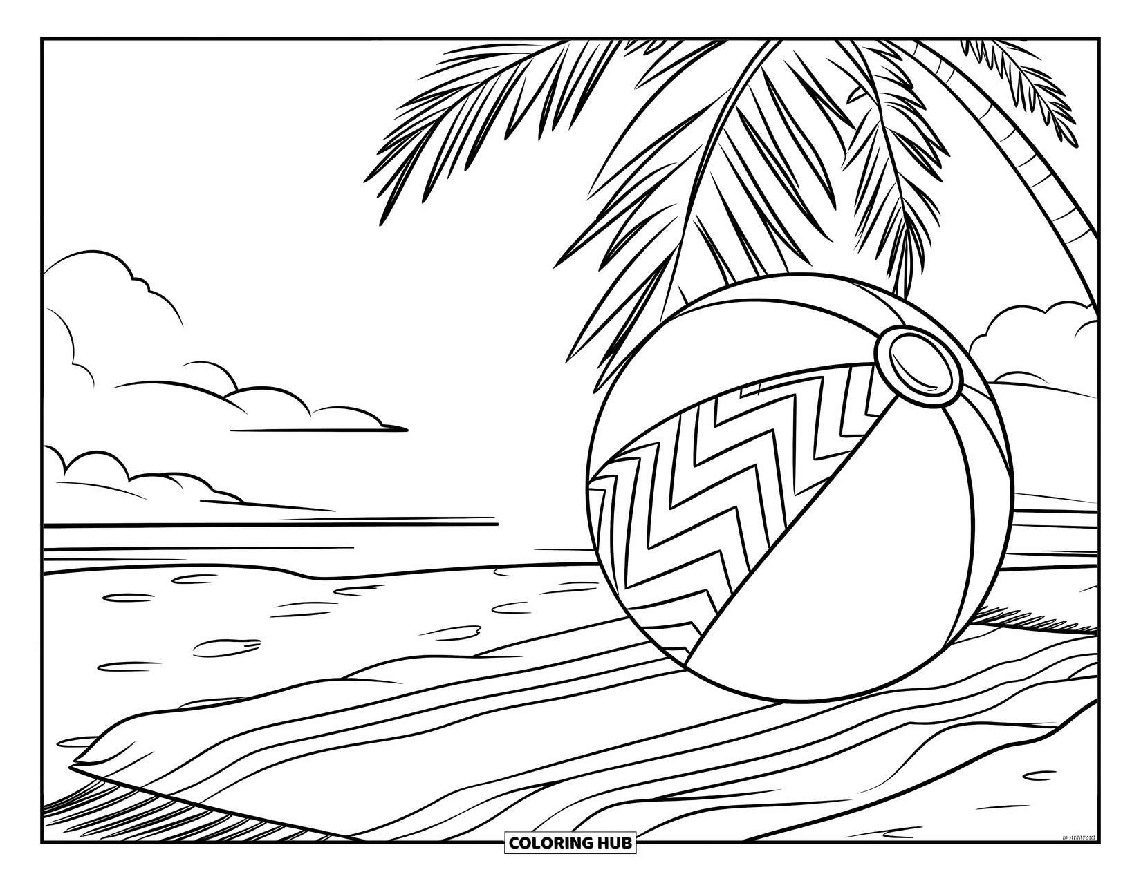 Beach Ball Coloring Page for Kids: A beach ball with a zigzag pattern and a small hole resting on a towel by the shore