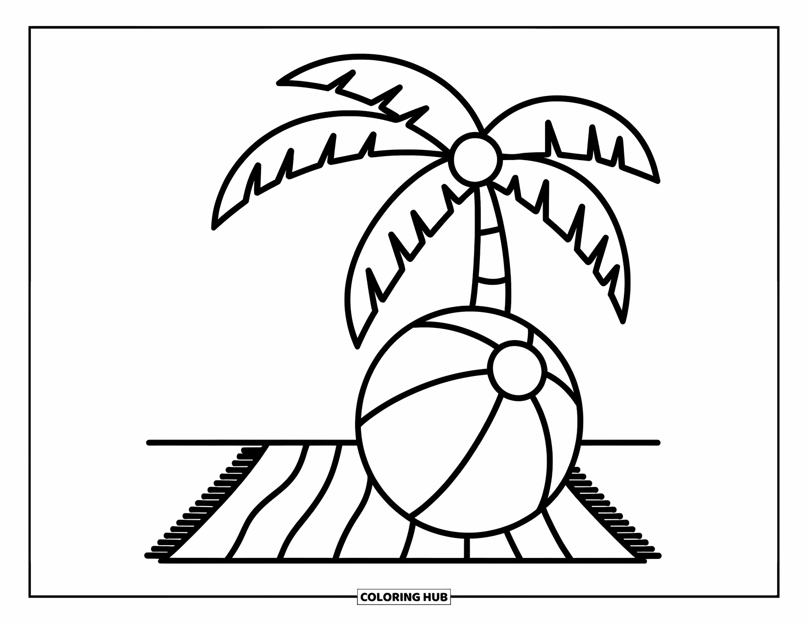 Beach Ball Coloring Page for Kids: A beach ball with a zigzag pattern resting on a towel under a tall palm tree
