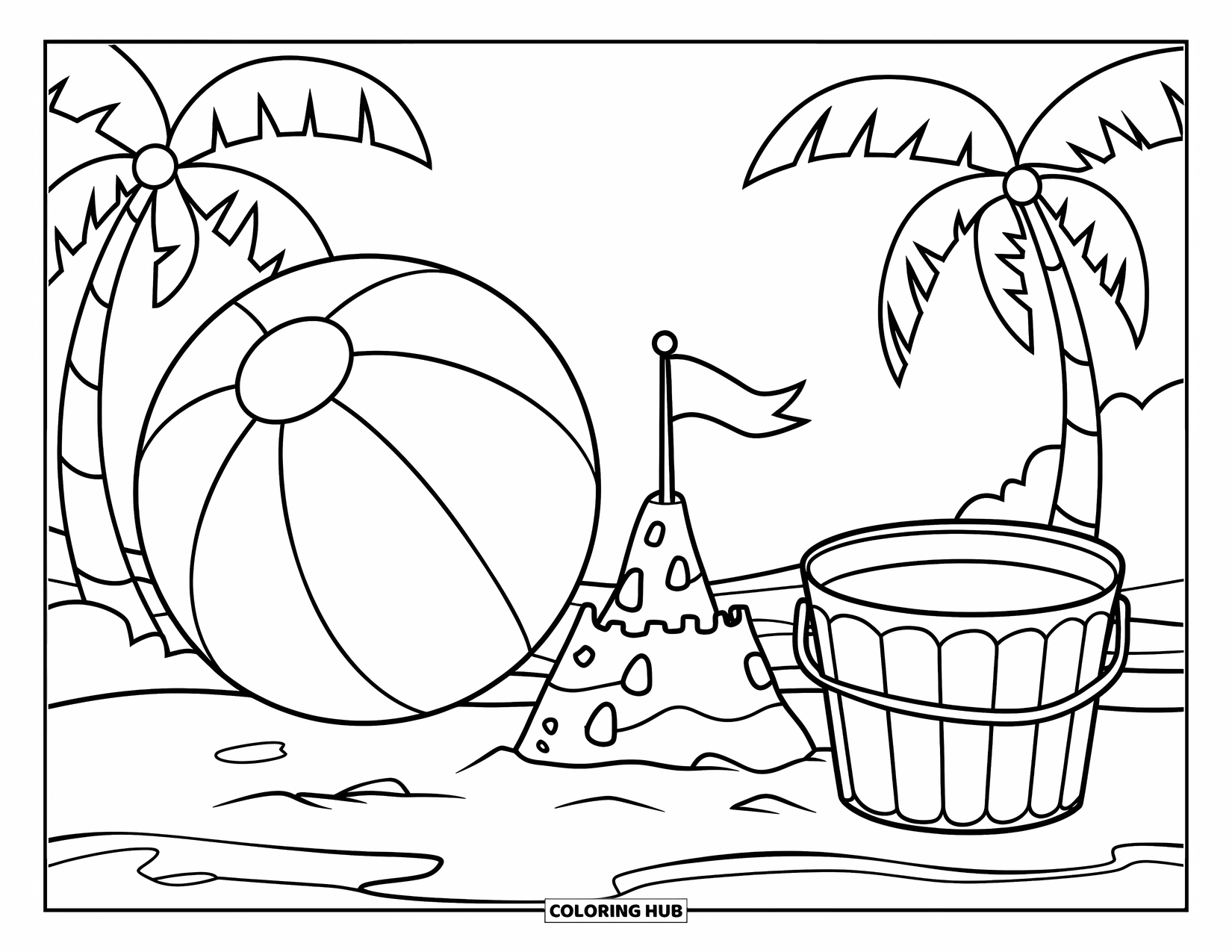 Beach Ball Coloring Page for Kids: A beach scene with a sandcastle, a beach ball, and palm trees in the background