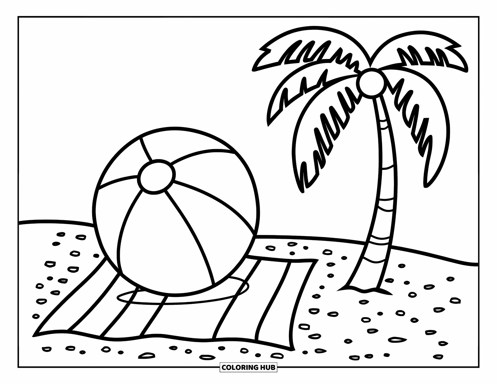 Beach Ball Coloring Page for Kids: A beach towel, a zigzag-patterned beach ball, and a palm tree in a playful beach scene