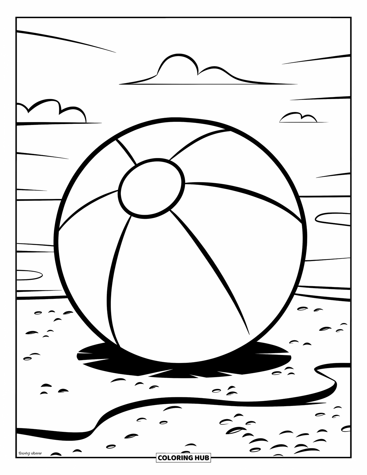 Beach Ball Coloring Page for Kids: A bold-outlined beach ball resting on a sandy shore with a few clouds above