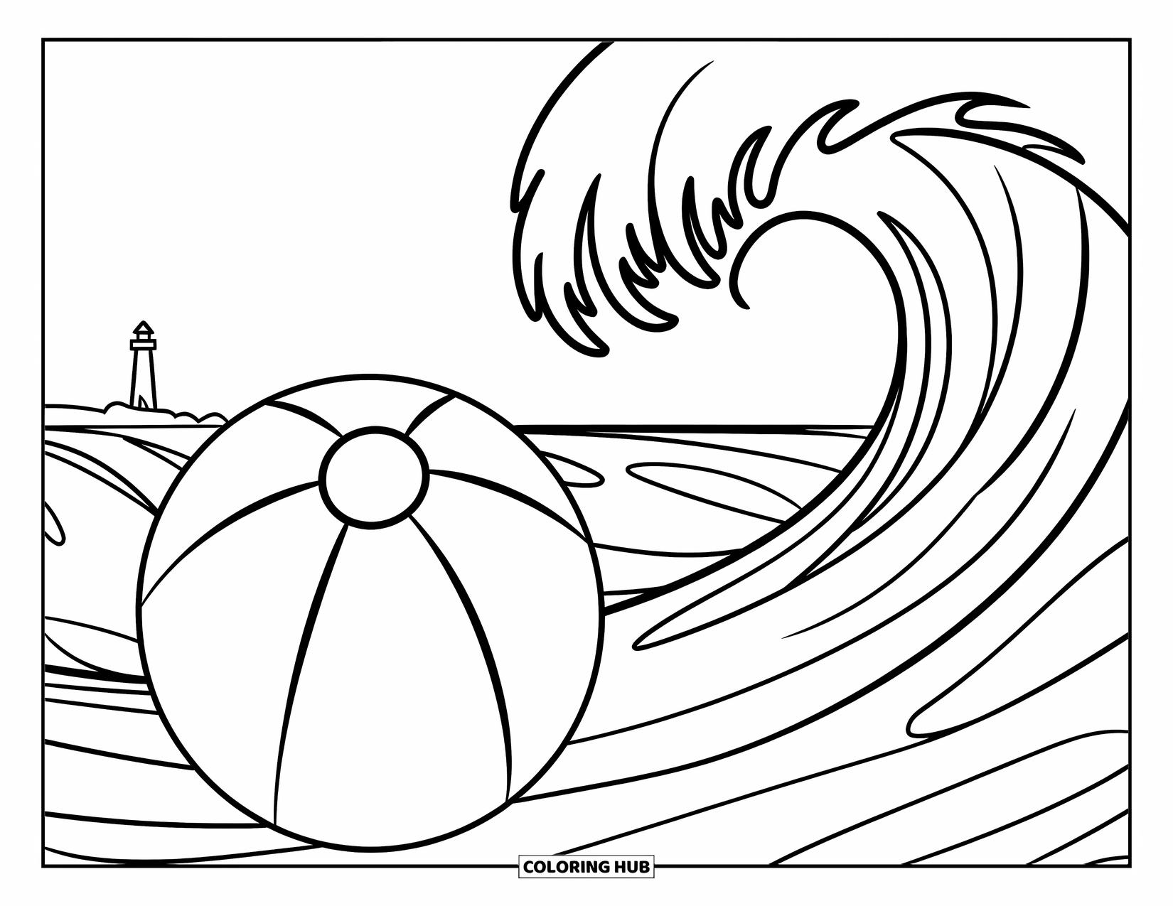 Beach Ball Coloring Page for Kids: A close-up of a beach ball near rolling waves with a distant lighthouse in the background
