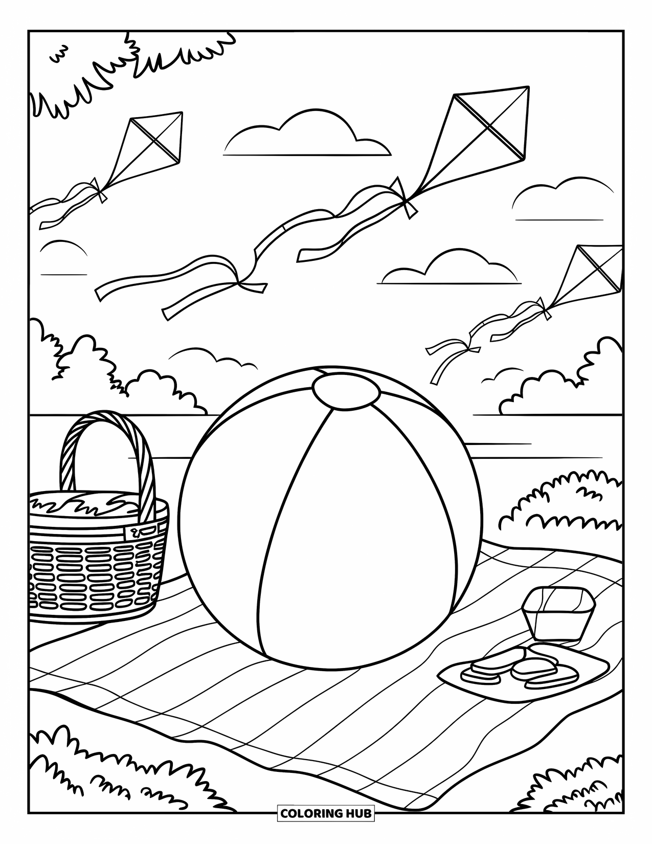 Beach Ball Coloring Page for Kids: A family picnic scene with a beach ball, a picnic basket, and kites flying in the sky