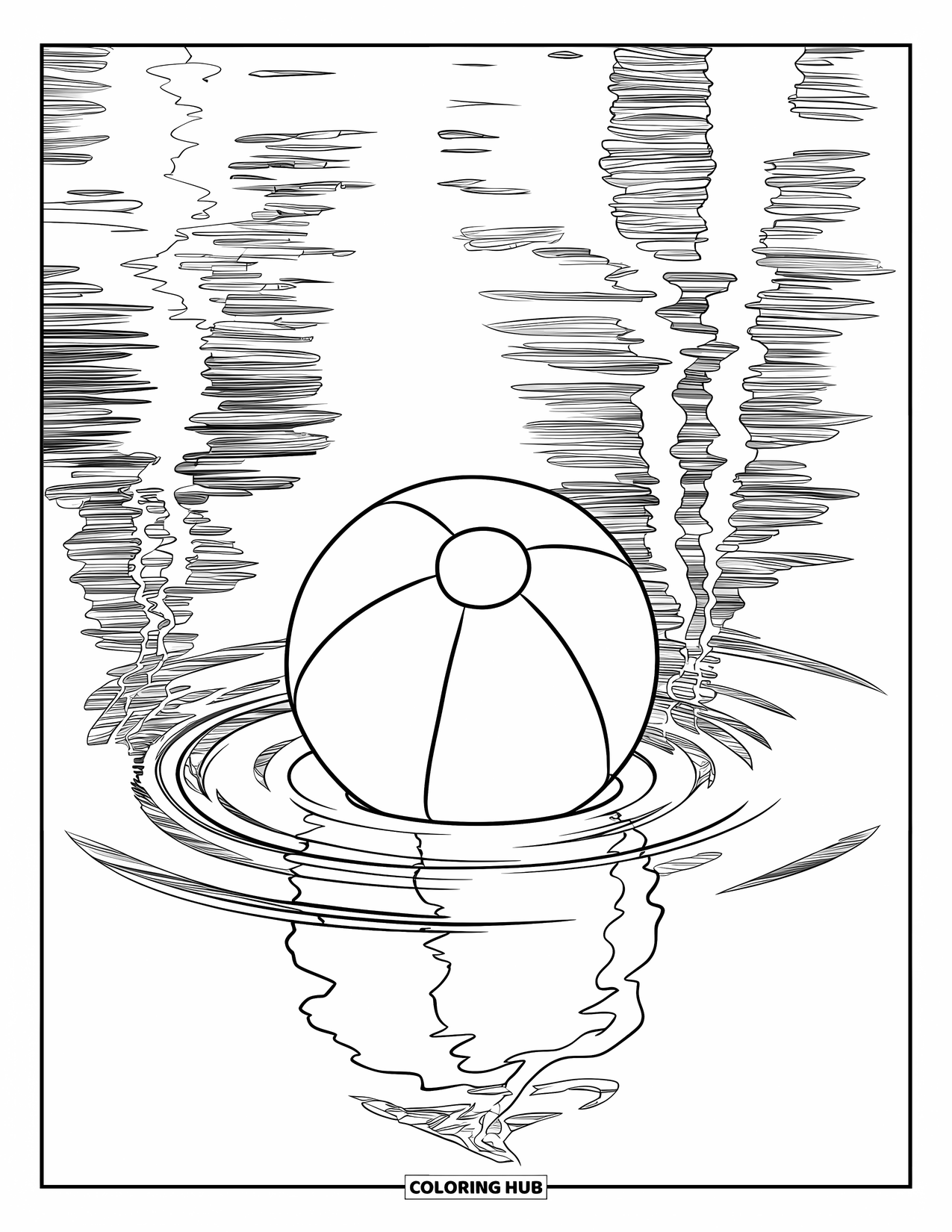 Beach Ball Coloring Page for Kids: A floating beach ball reflecting the sky and trees, creating a serene lakeside scene