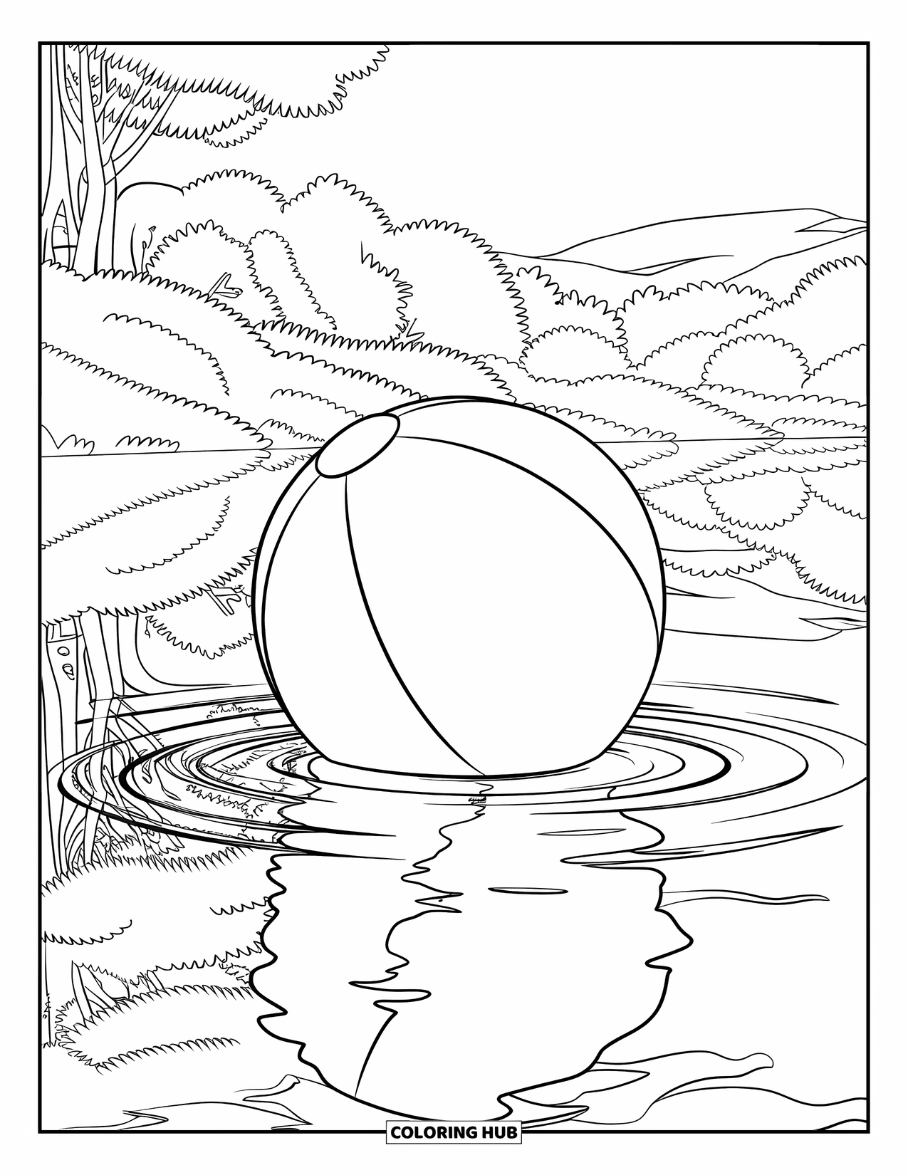Beach Ball Coloring Page for Kids: A floating beach ball with rippling water reflecting trees and a peaceful sky