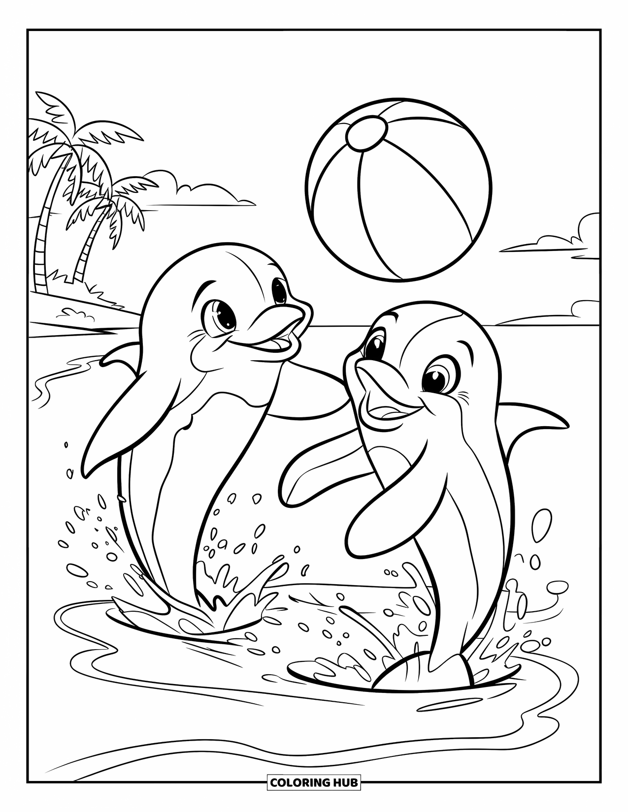 Beach Ball Coloring Page for Kids: A group of dolphins splashing and tossing a beach ball near palm trees on the shore
