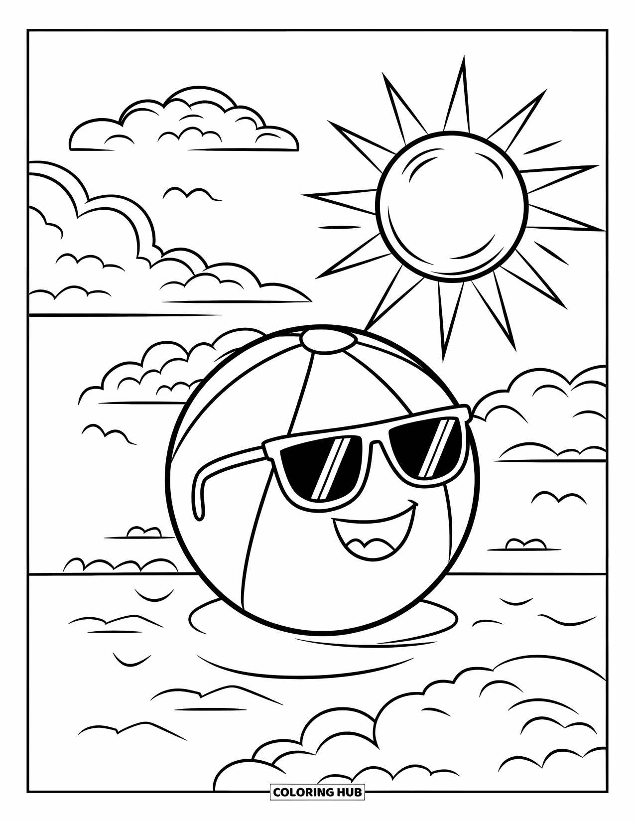 Beach Ball Coloring Page for Kids: A happy beach ball with cartoon eyes and sunglasses under a bright sun and fluffy clouds