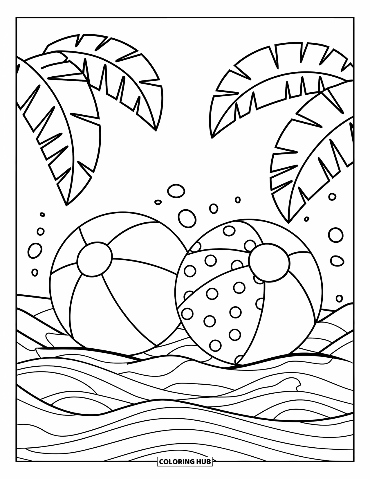 Beach Ball Coloring Page for Kids: A pair of beach balls floating on wavy waters with bubbles and palm trees in the background