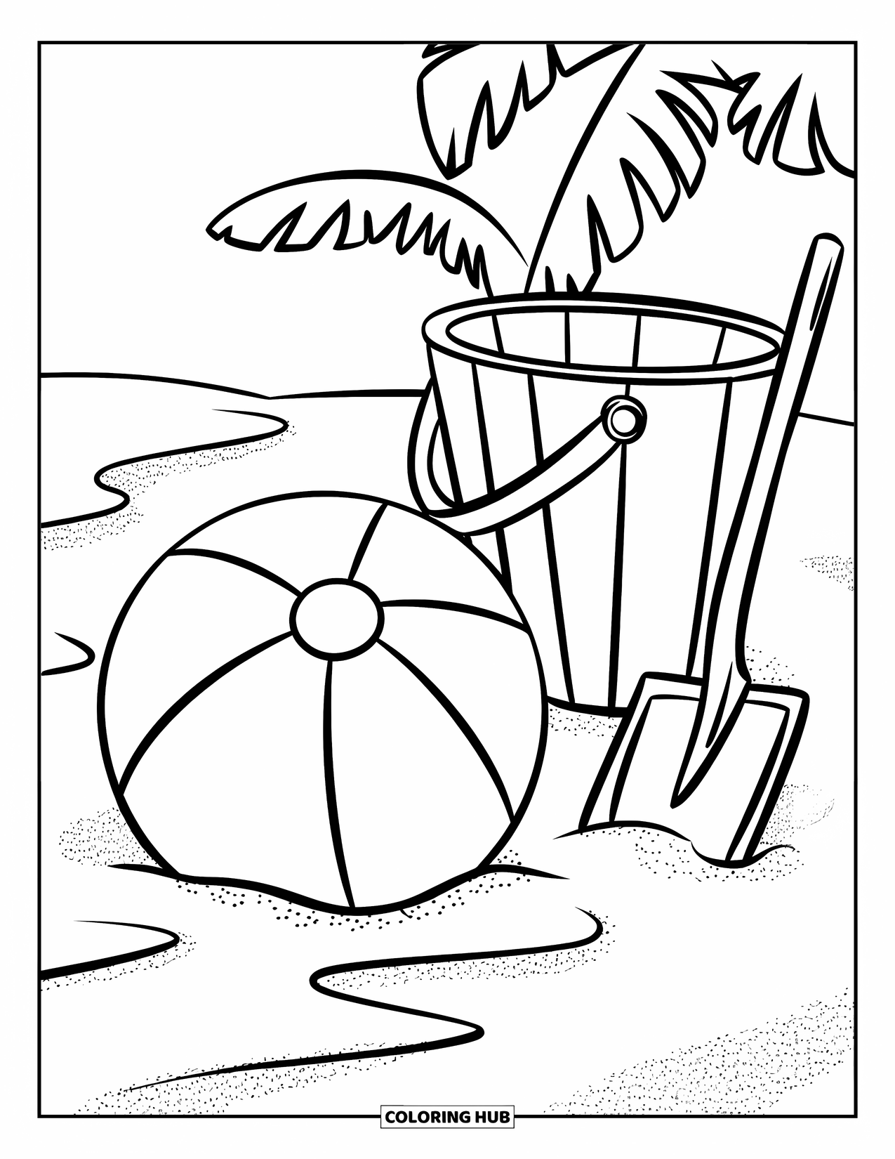 Beach Ball Coloring Page for Kids: A playful beach scene with a buried beach ball, a bucket, and a shovel in the sand