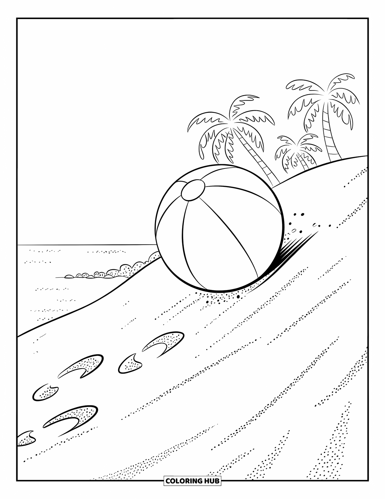 Beach Ball Coloring Page for Kids: A rolling beach ball on a sand dune with palm trees and a bright sky in the background