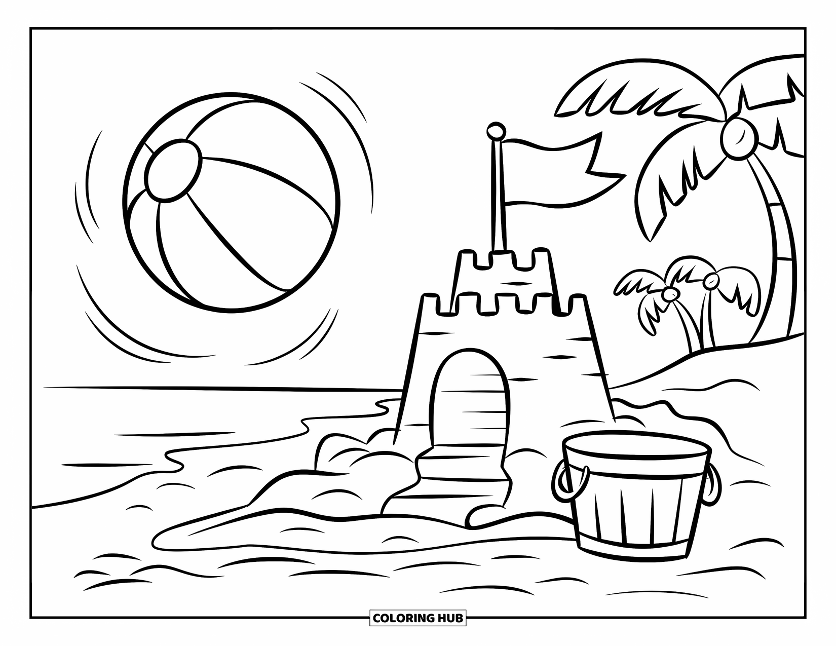 Beach Ball Coloring Page for Kids: A sandcastle with a big flag, a bucket, and a bouncing beach ball under a clear sky