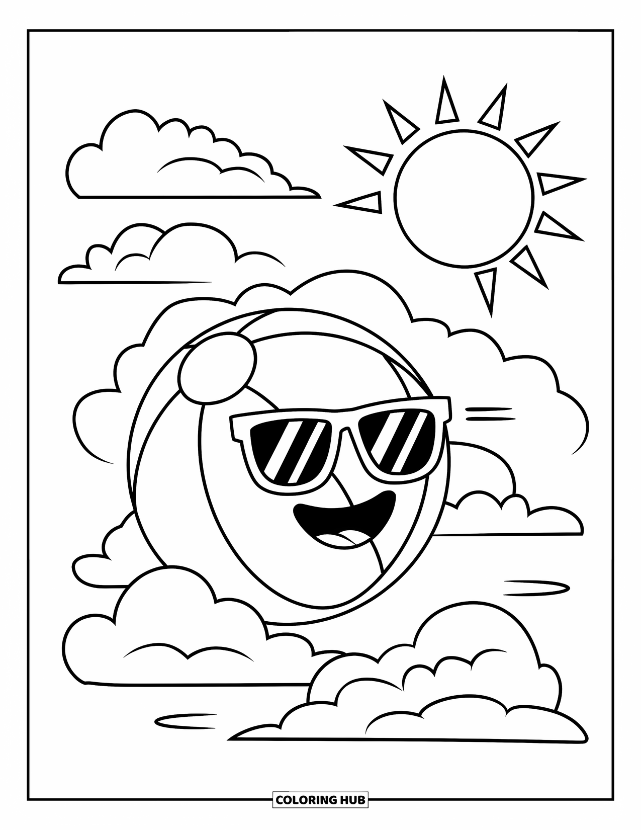 Beach Ball Coloring Page for Kids: A smiling beach ball wearing sunglasses, surrounded by fluffy clouds and a shining sun