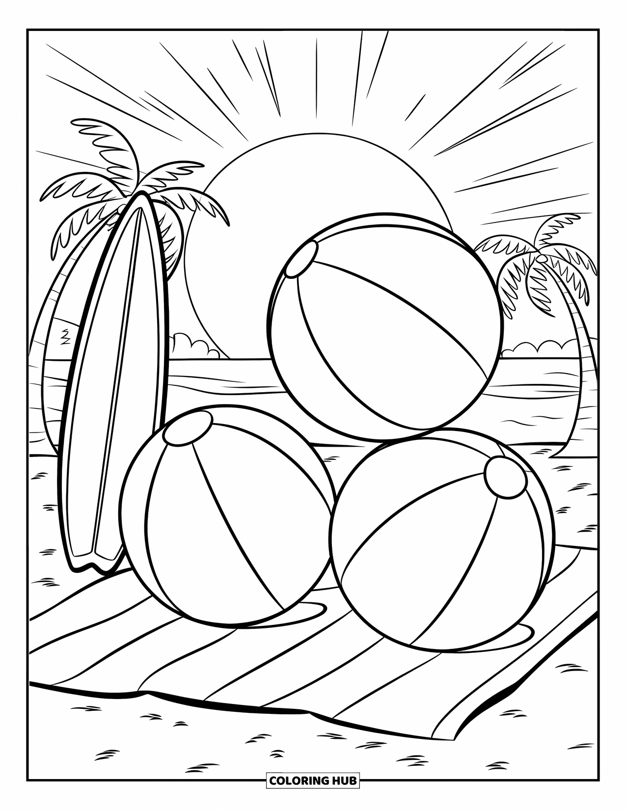 Beach Ball Coloring Page for Kids: A stack of three beach balls resting on a towel with a surfboard and palm trees nearby