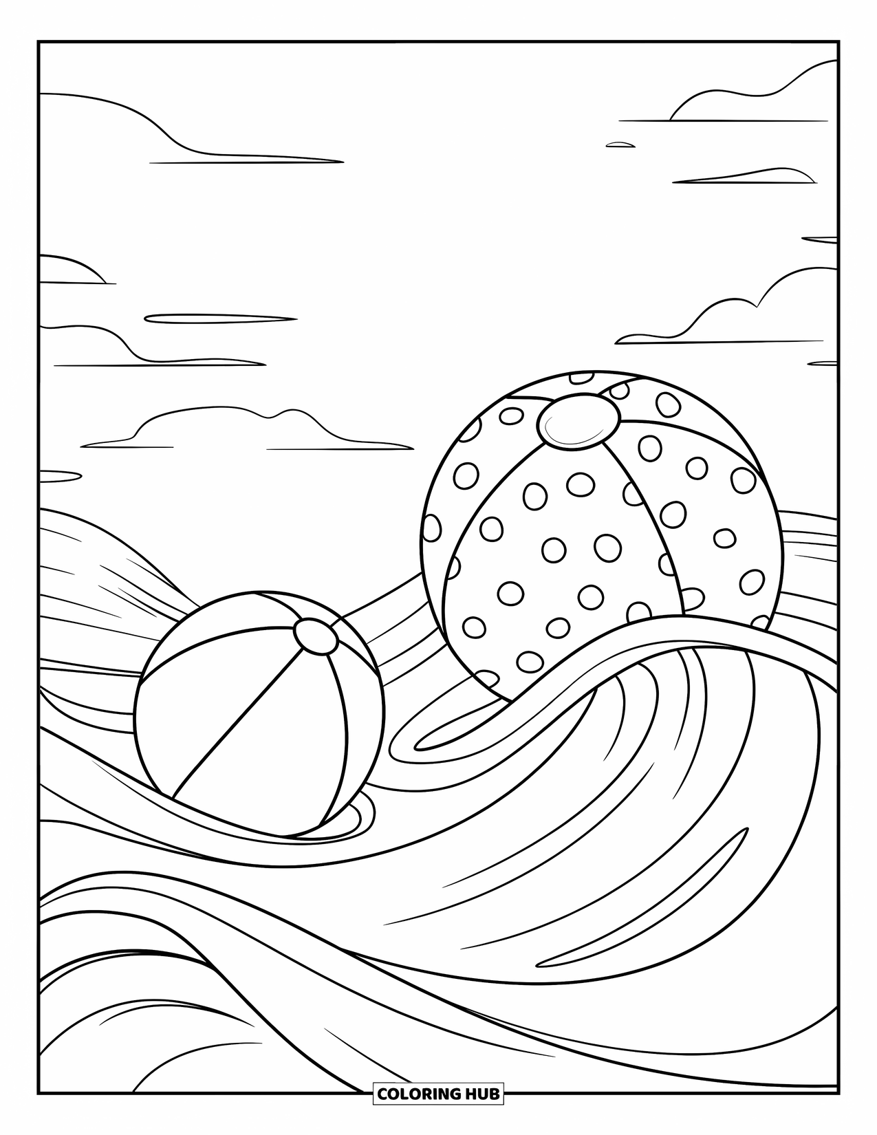 Beach Ball Coloring Page for Kids: A striped and polka-dotted beach ball floating on the waves under a bright sky