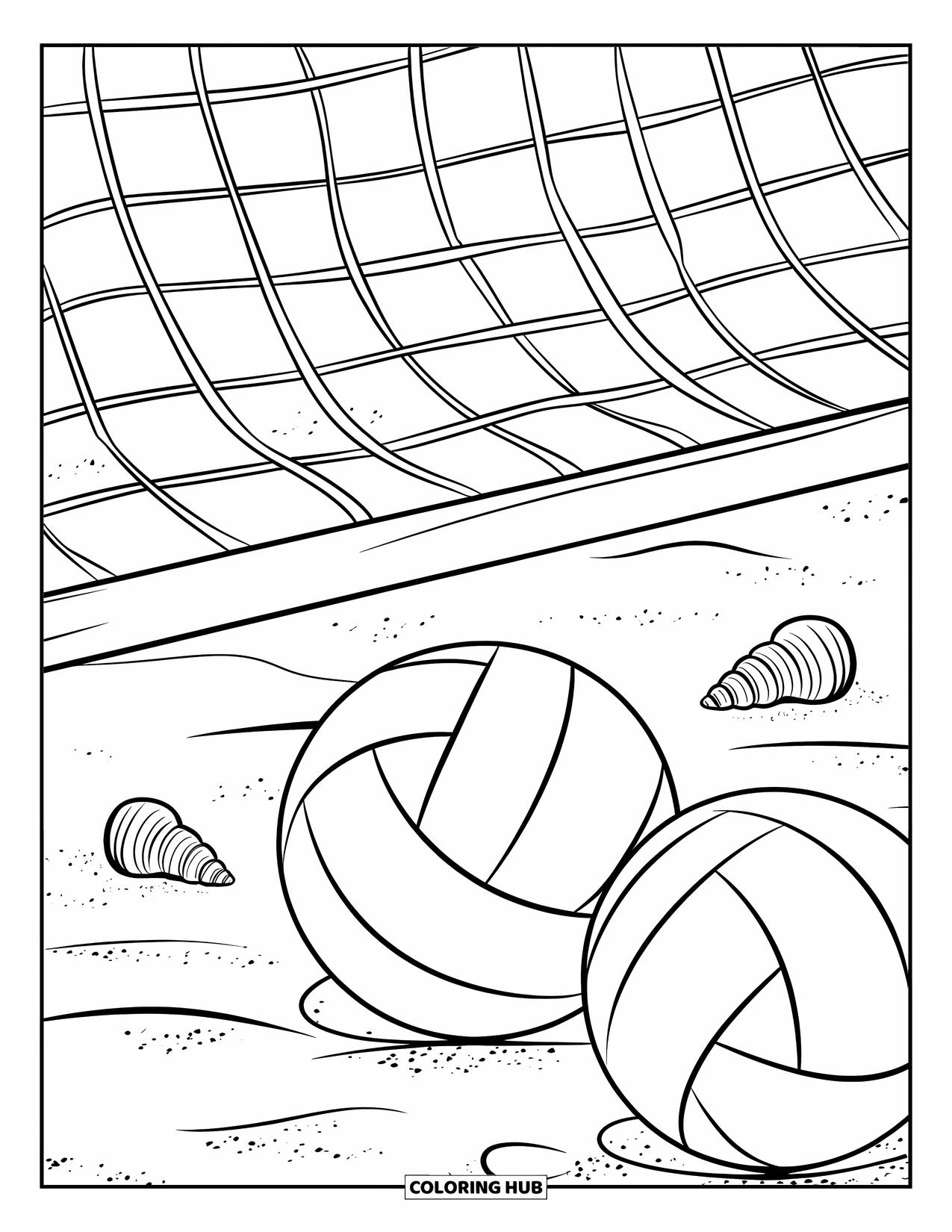Beach Ball Coloring Page for Kids: A volleyball game setup on a sandy beach with beach balls and seashells nearby