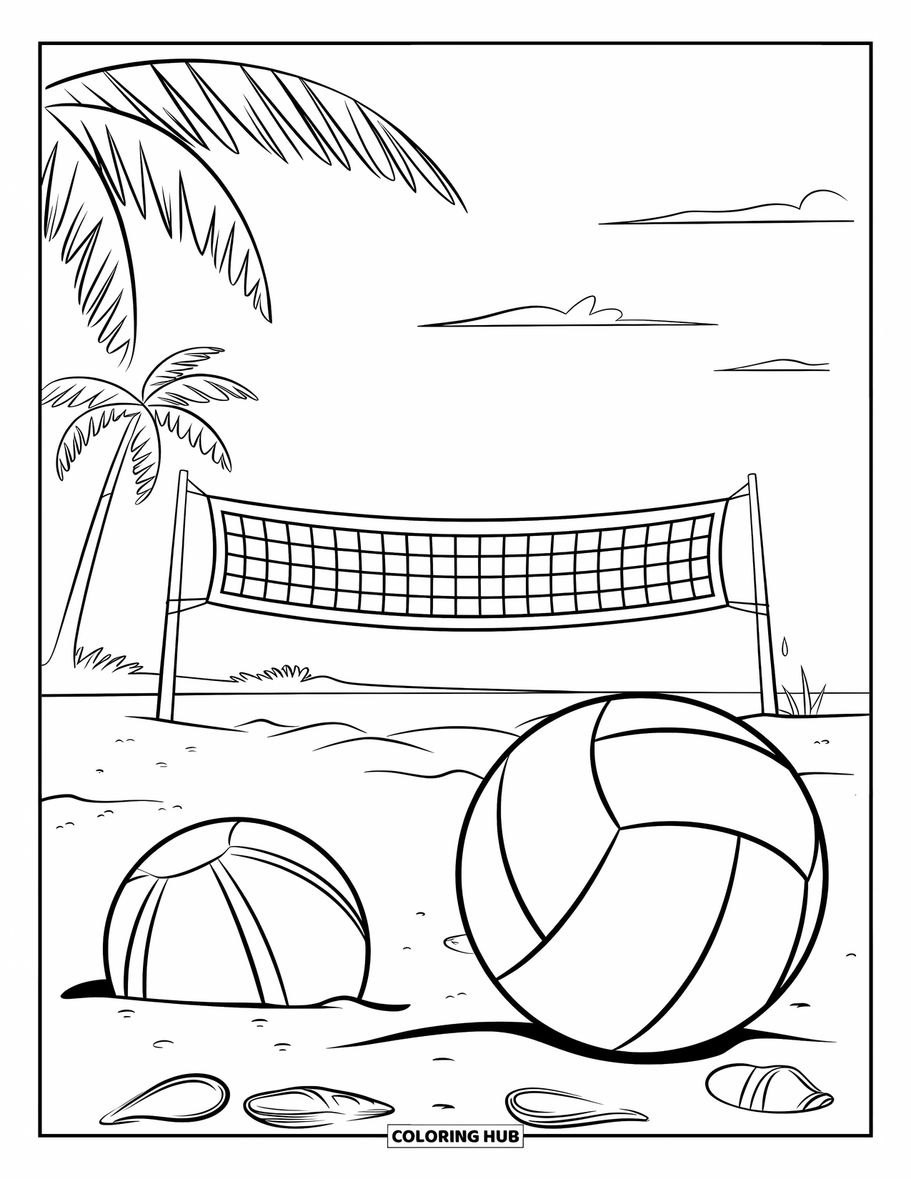 Beach Ball Coloring Page for Kids: A volleyball net with beach balls resting on the sand under a sky with a few clouds