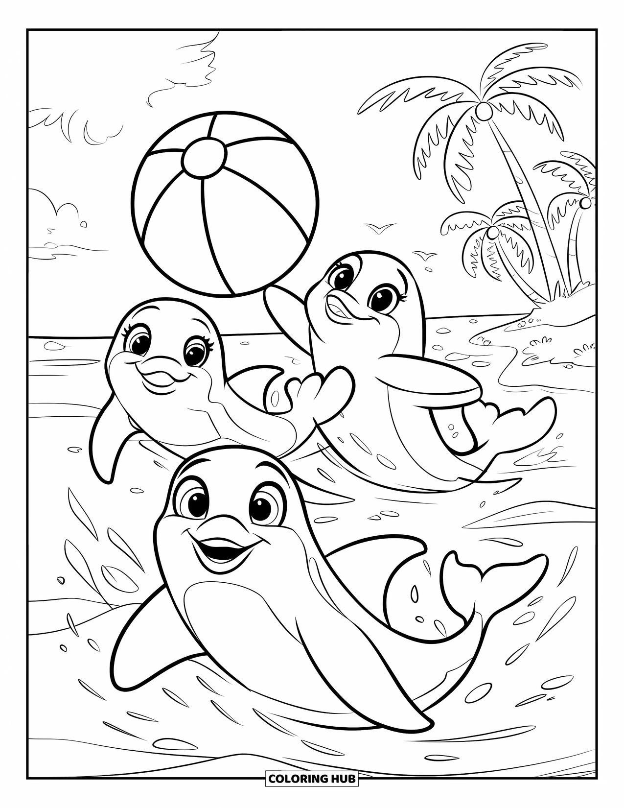 Beach Ball Coloring Page for Kids: Dolphins joyfully tossing a beach ball while swimming in a sunny sea