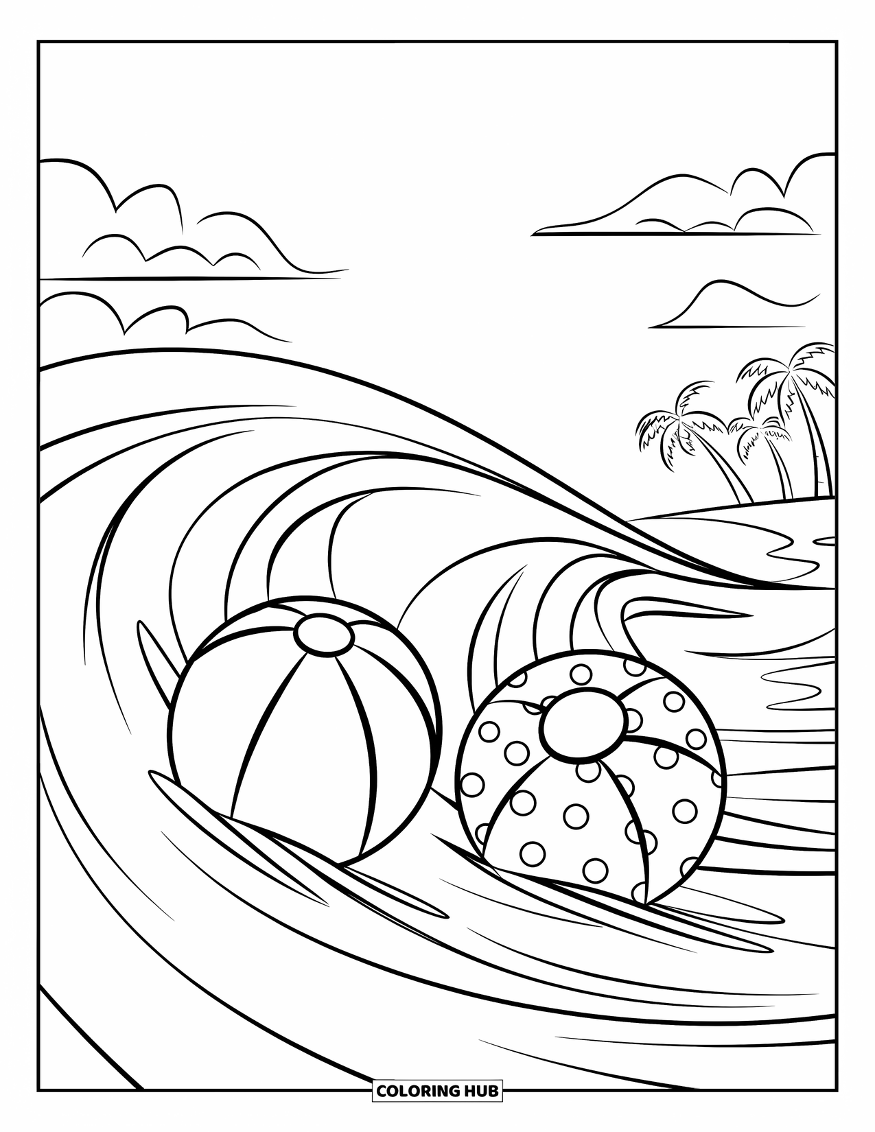 Beach Ball Coloring Page for Kids: Two beach balls with different patterns bobbing on the waves near palm trees