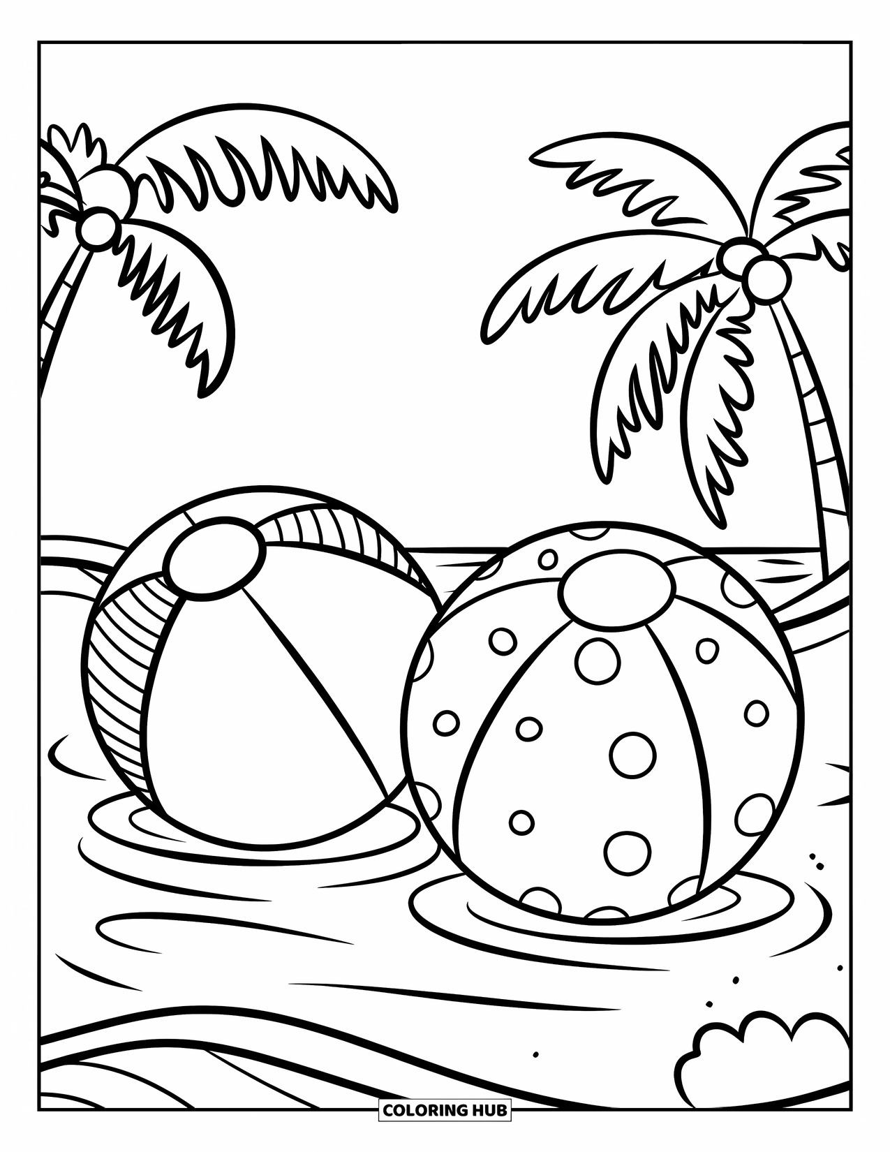 Beach Ball Coloring Page for Kids: Two patterned beach balls floating on gentle ocean waves near the horizon