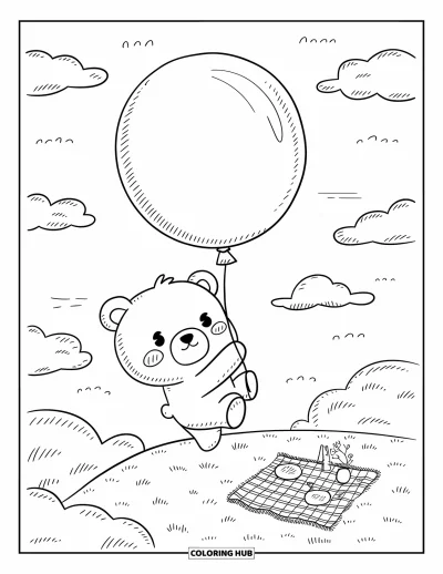 Desen de colorat cu urși pentru adulți: Un urs plutește ținând un balon mare deasupra unei mici scene de picnic