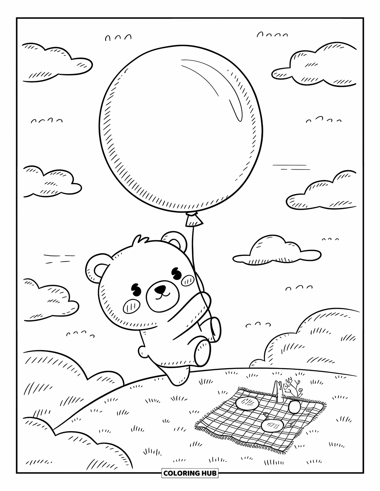 Bear Coloring Page for Adults: A bear floats holding a large balloon above a tiny picnic scene