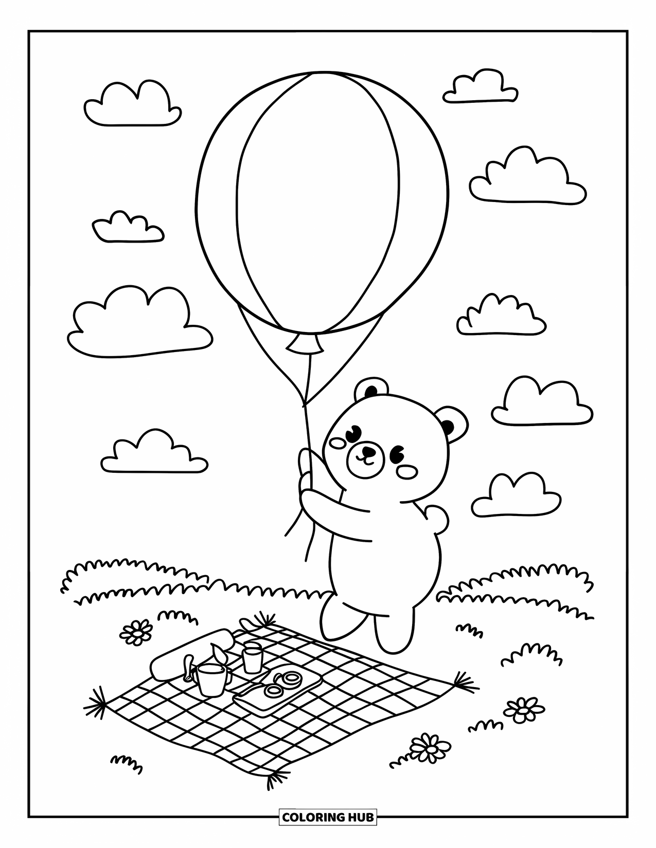 Bear Coloring Page for Adults: A bear holds a large balloon above a tiny picnic with a checkered blanket