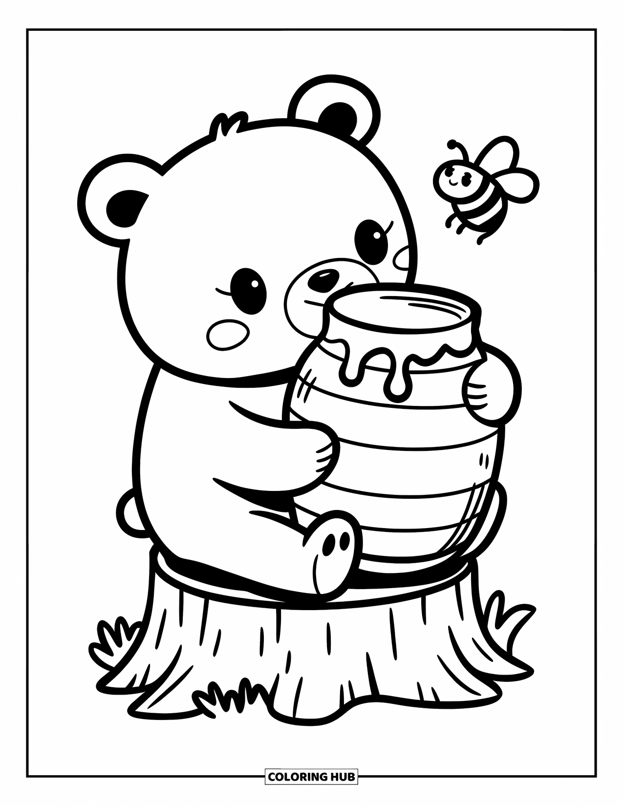Bear Coloring Page for Adults: A bear hugs a honey jar on a tree stump while a bee buzzes