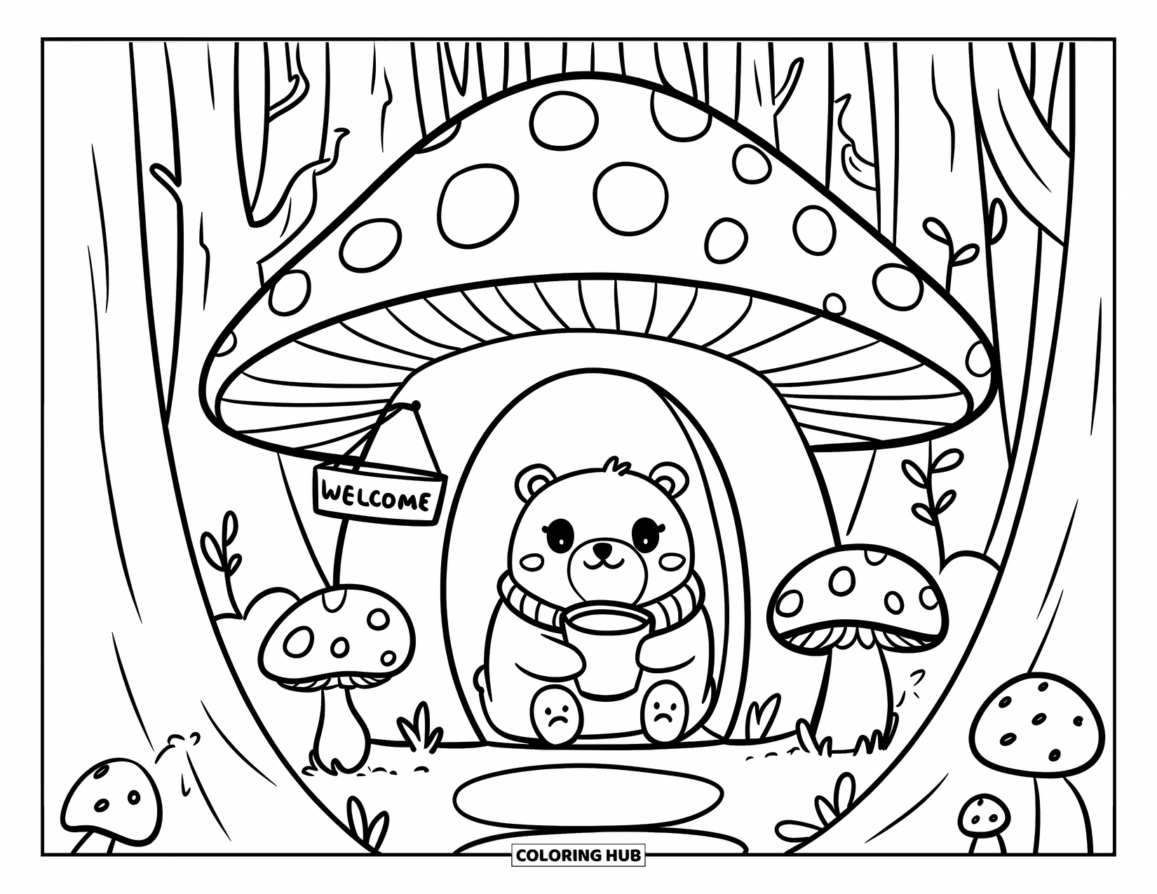 Bear Coloring Page for Adults: A bear in a scarf sits at a mushroom house holding a cocoa cup