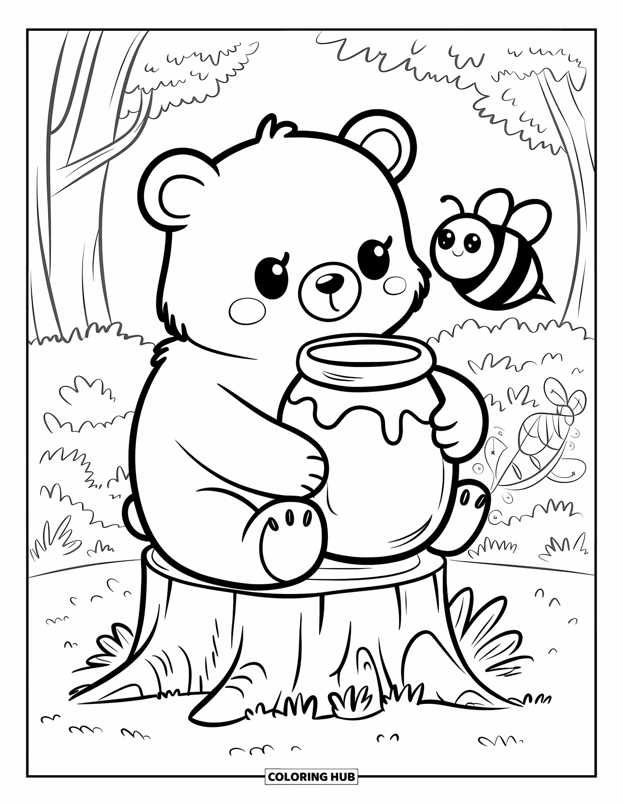 Bear Coloring Page for Adults: A bear on a tree stump hugs a honey jar as a bee hovers