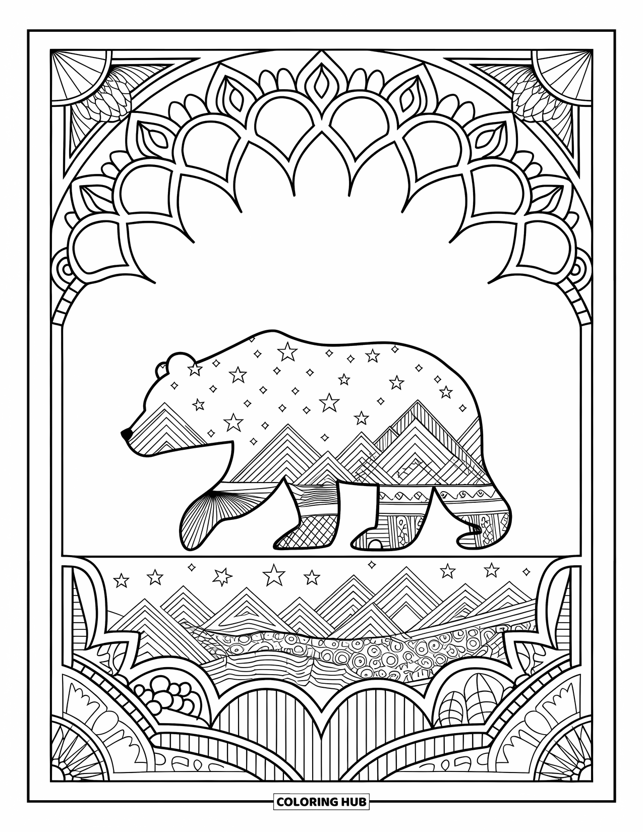 Bear Coloring Page for Adults: A bear silhouette is filled with a night sky, stars, and mountains on white
