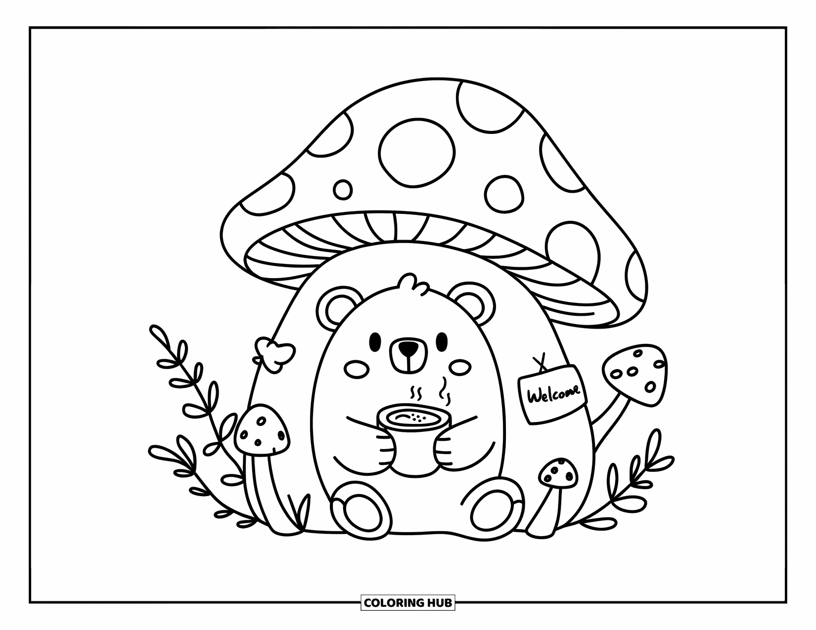 Bear Coloring Page for Adults: A bear sits at a tiny mushroom house holding a warm cocoa cup
