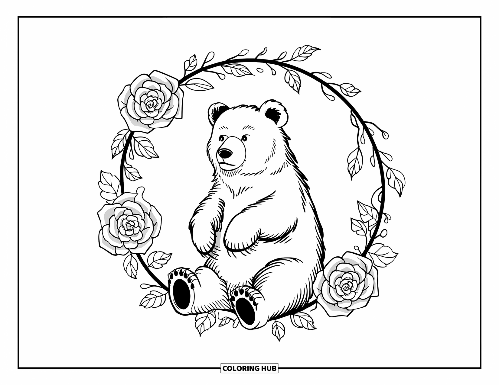 Bear Coloring Page for Adults: A bear sits on hind legs within a circular frame of roses and vines