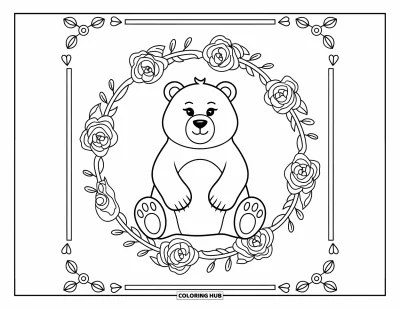 Desen de colorat cu urși pentru adulți: Un urs stă drept într-un cadru floral circular, cu o bordură decorativă