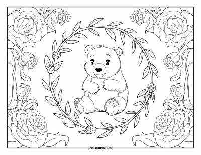 Desen de colorat cu urși pentru adulți: Un urs stă cu lăbuțele pe piept într-un cadru circular floral