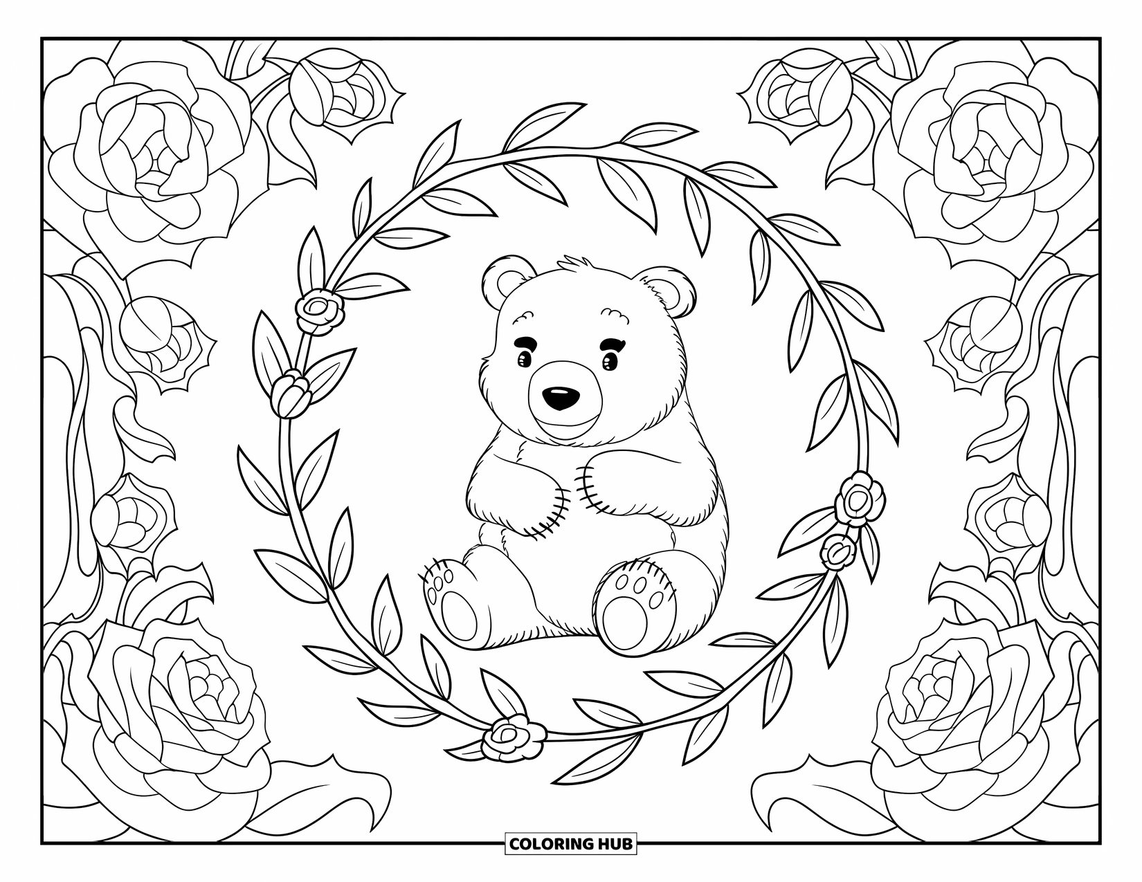 Bear Coloring Page for Adults: A bear sits with its paws on its chest inside a floral circular frame