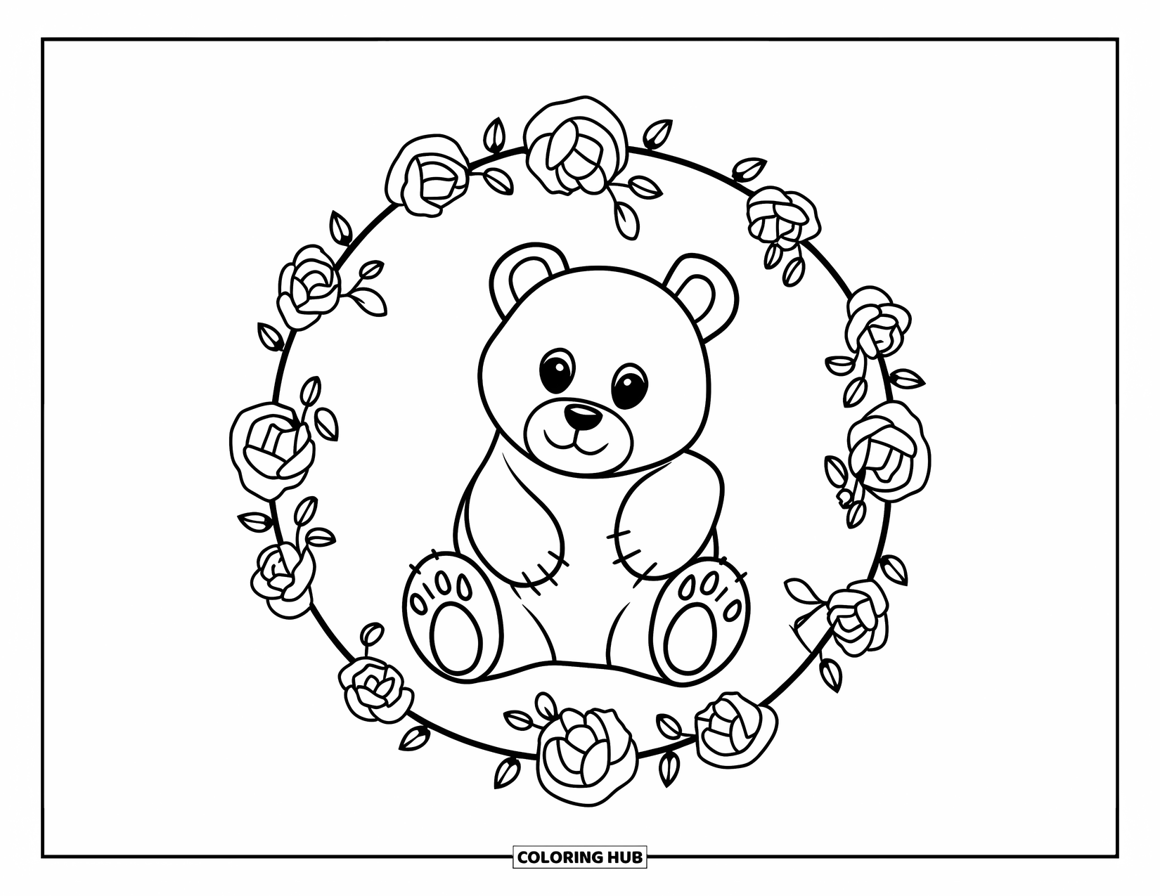 Bear Coloring Page for Adults: A bear sits within a circular frame of roses and vines on white