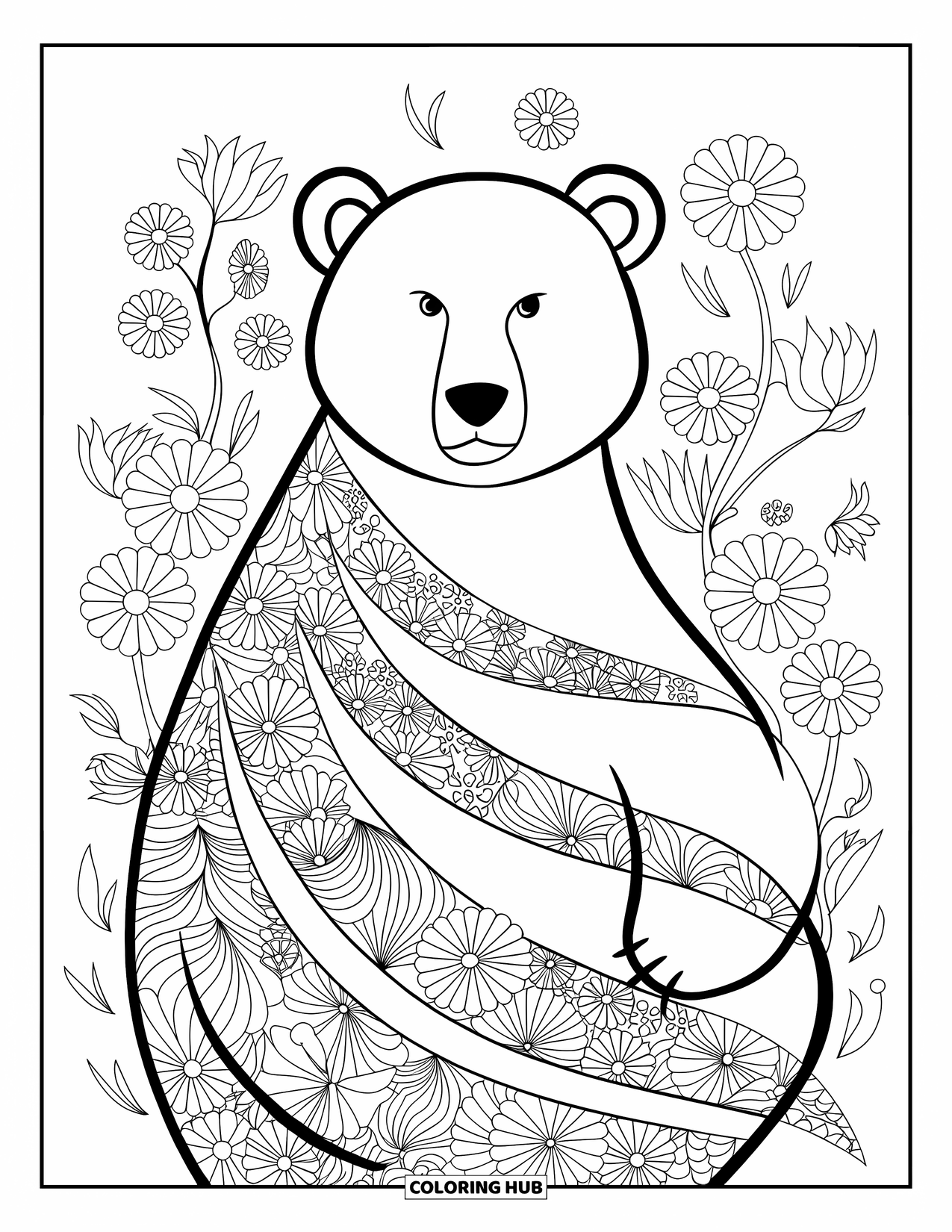 Bear Coloring Page for Adults: A bear with floral patterns is surrounded by flowers on a white background