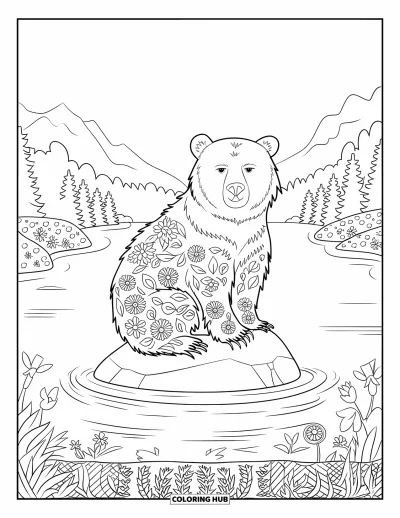 Desen de colorat cu urși pentru adulți: Un urs cu modele florale stă pe o stâncă din lac, printre verdeață și munți