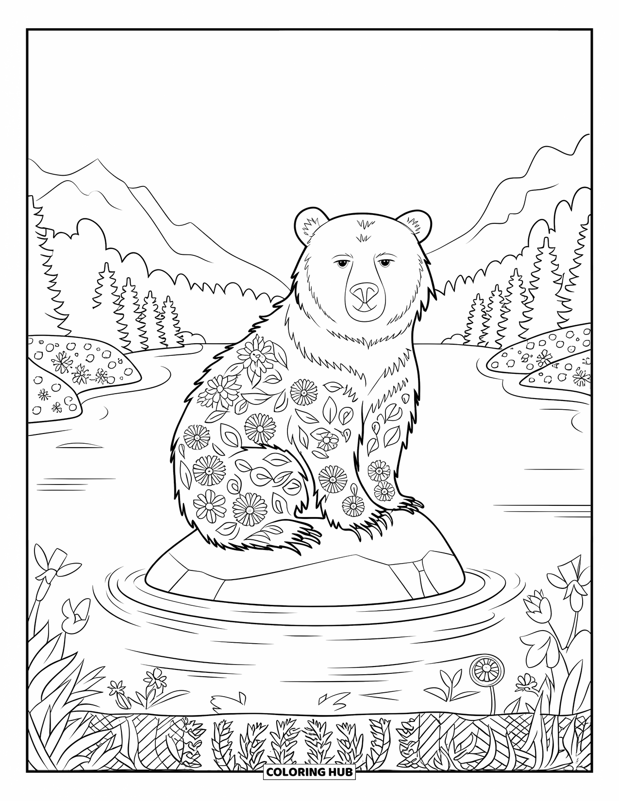 Bear Coloring Page for Adults: A bear with floral patterns sits on a lake rock amid greenery and mountains